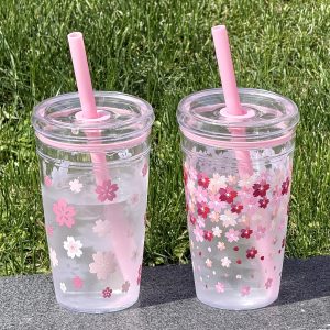 1pc Cherry Blossom Series Plastic Tumbler with Pink Straw & Lid - Lightweight, Durable - Stylish Floral Design for Office, Classroom, Weddings, Daily Use, Parties - Perfect Gift for Birthdays, Mother's Day & Back to School Ideal for Cold Drinks