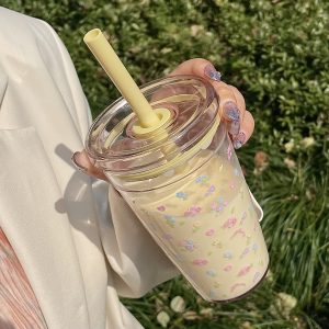 16oz Yellow Floral Printed Water Cup with Straw and Lid - Portable, Durable, Easy to Clean Summer Hydration Essential for Iced Coffee, Juice, Soda, and Cold Beverages - Perfect Gift for Office, Picnics, and Camping