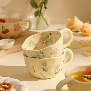 8.5oz Milky Yellow Ceramic Tulip Mug - Hand Pinched Irregular Coffee Cup, Matcha Tea Cup, Oatmeal Cup, Small Flower Breakfast Cup, Reusable for Home, Office or Cafe, Gift for Birthdays, Christmas, Halloween, Easter, Youngster's Day