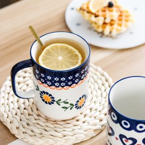 1pc 400mlu002F13.5oz Polish Pottery Style Ceramic Mug with Handle, Hand-drawn Elegant Blue Boho Floral & Heart Pattern Ceramic Coffee Cupu002F Tea Cup for Coffee Latte Juice Milk, Perfect Mug for the Office, Home, or a Gift for Thanksgiving