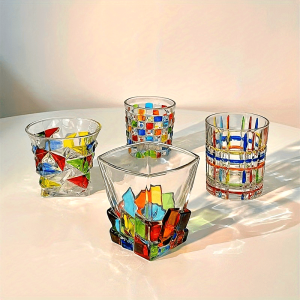 Hand-painted Striped Crystal Glass Juice Glass Whiskey Cocktail Glass Italian Vintage Liquor Glass