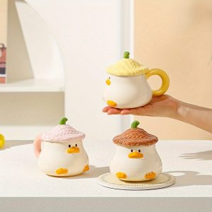 1pc, Duck Cartoon Ceramic Mug with Lid, Creative Cute Coffee Cup - Perfect Gift for Family, Friends, And Teachers for Home And Office Use, Christmas, New Year, Valentine'S Day Gifts